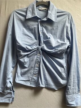 Zara Front Twist Blue Button Down Shirt Long Sleeve Blouse Size Small S